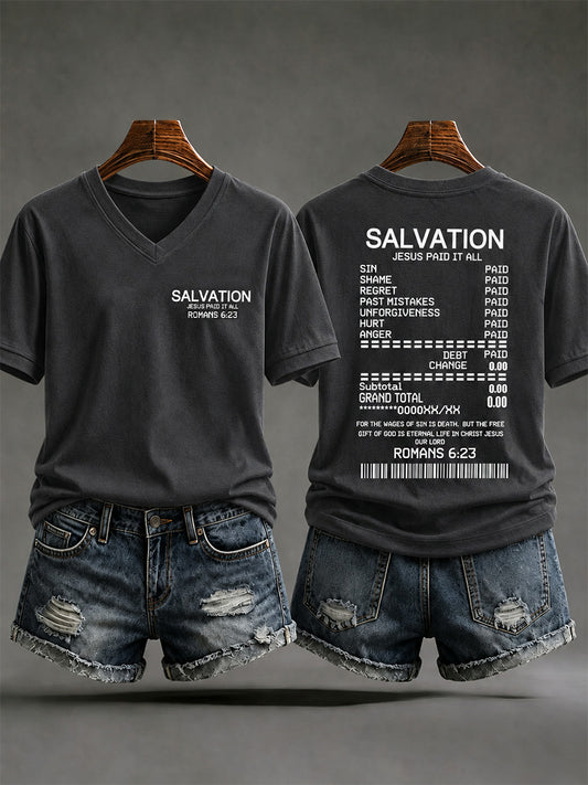 Women's Jesus Paid It All Print Casual V-Neck Tee