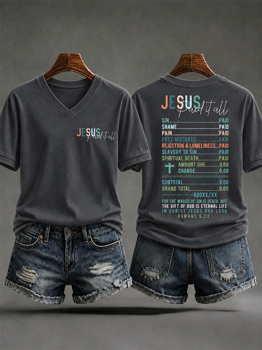 Women's Jesus Paid It All Print Casual V-Neck Tee