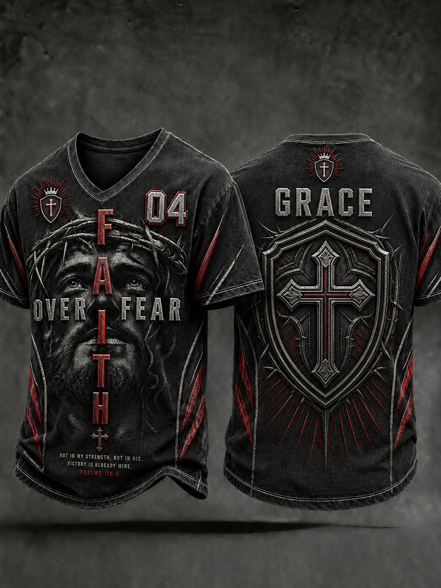 Men's Christian Faith Over Fear Cross V-neck Short Sleeve T-shirt