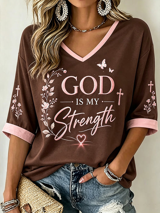 Women's faith-themed pattern printed casual mid-length sleeves V-neck T-shirt