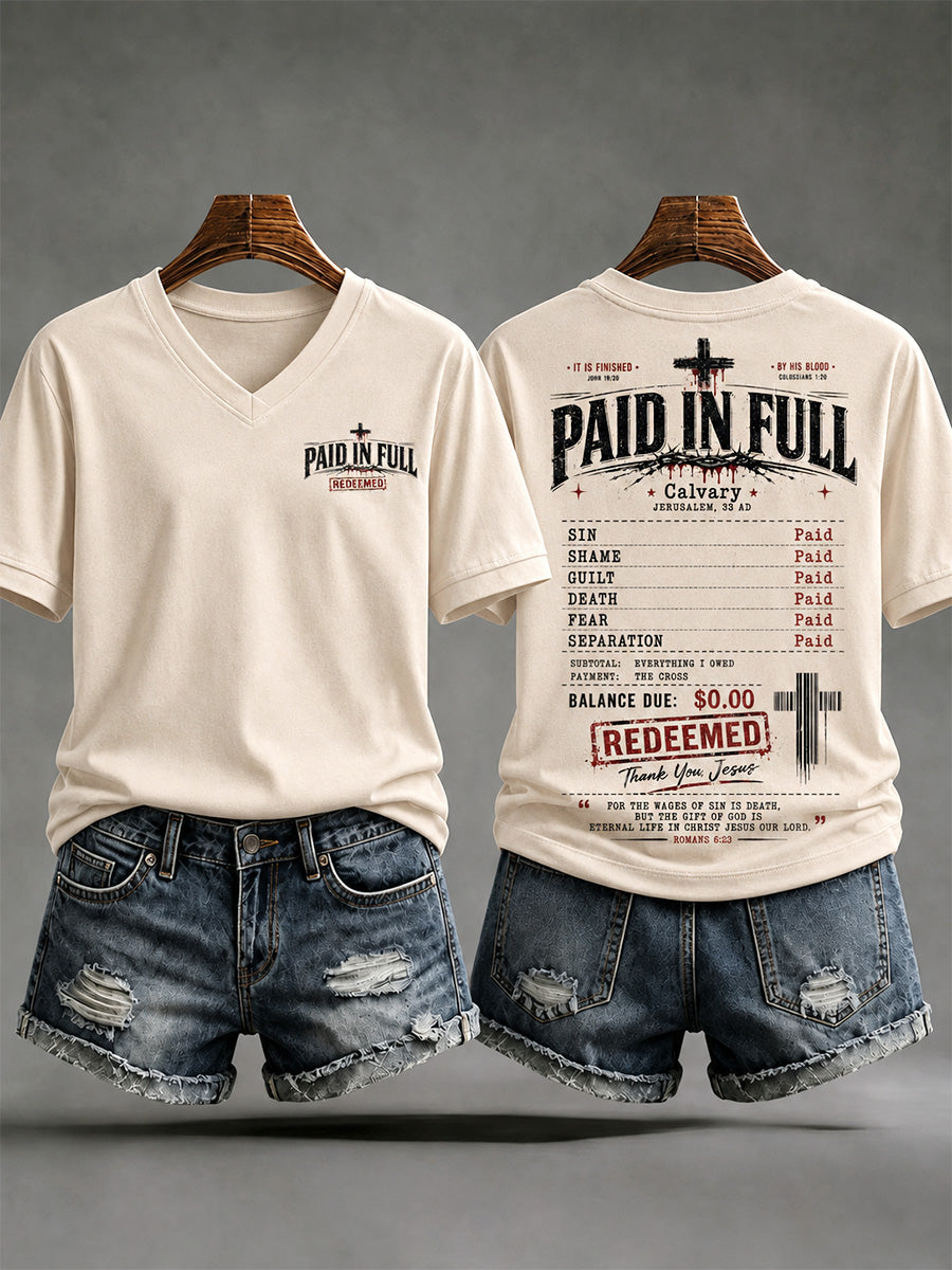 Women's Jesus Paid It All Print Casual V-Neck Tee