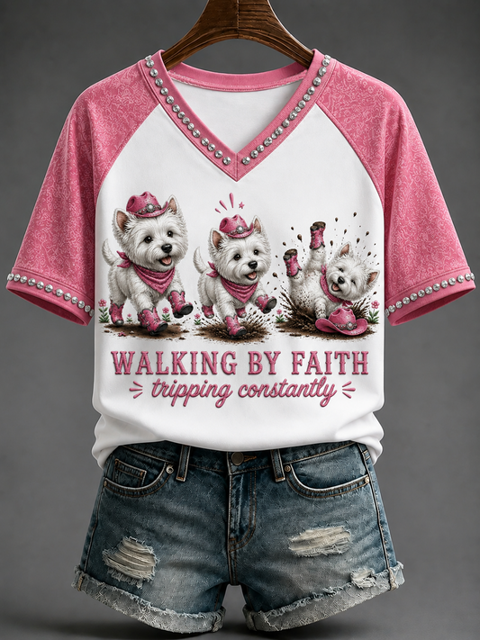Women's Walking By Faith V-neck Off-shoulder Short-sleeved T-shirt