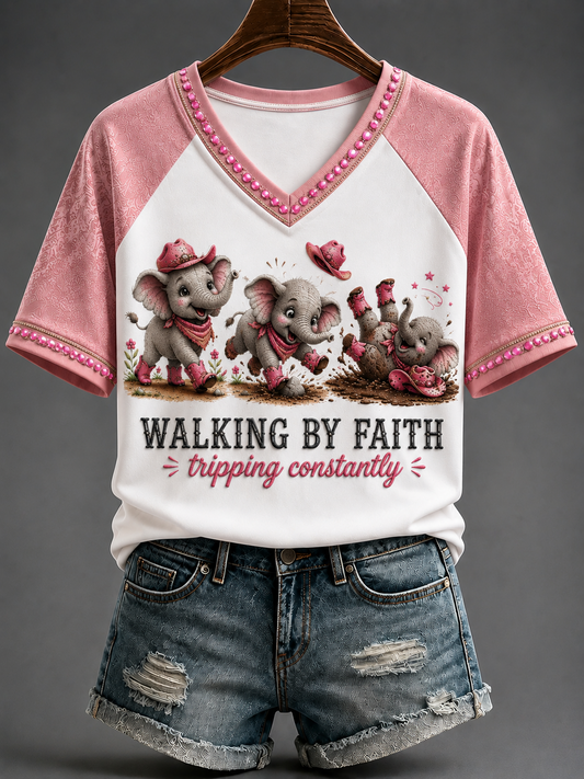 Women's Walking By Faith V-neck Off-shoulder Short-sleeved T-shirt