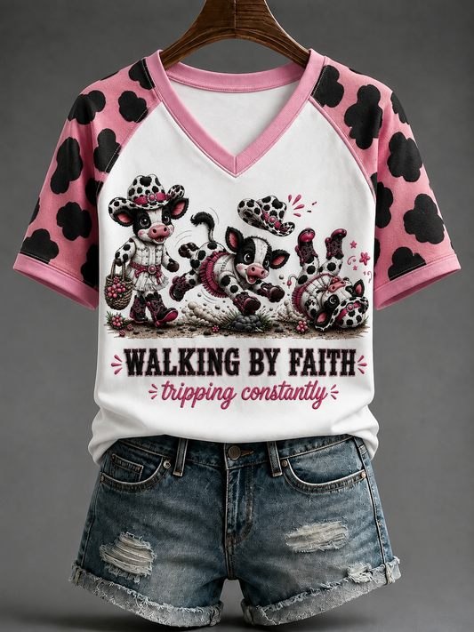 Women's Walking By Faith V-neck Off-shoulder Short-sleeved T-shirt
