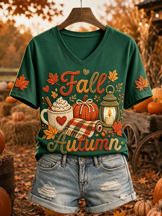 Women's Pumpkin Coffee Lantern Fall Print Cozy Short-sleeved T-shirt