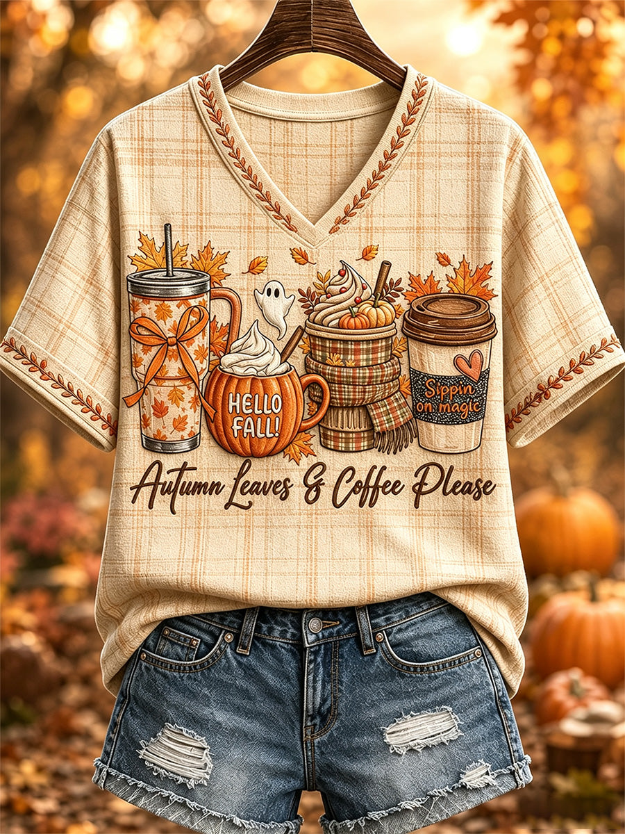 Women's Autumn Leaves & Coffee Please Print Casual V-Neck Tee