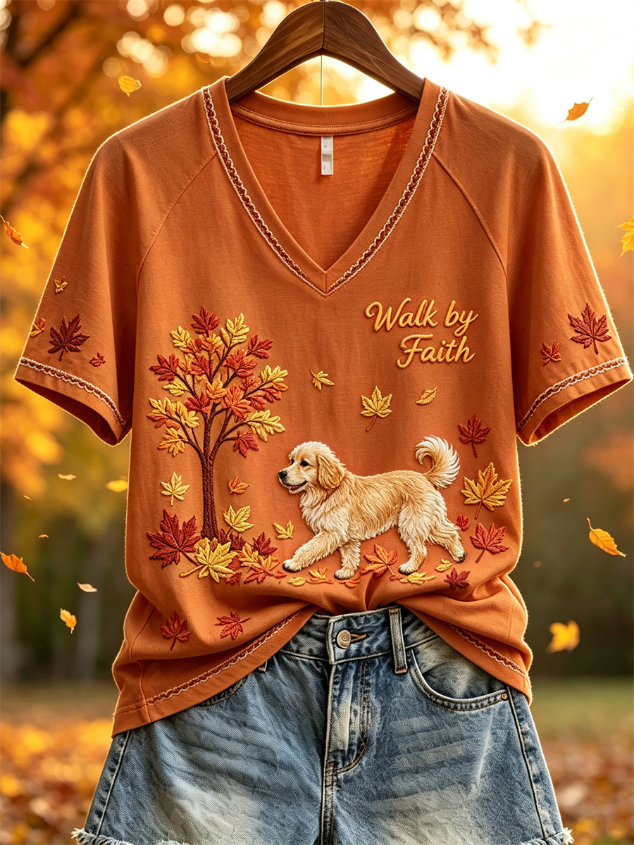 Women's Walk by Faith Fall Walking Golden Retriever Dog Print short-sleeved T-shirt
