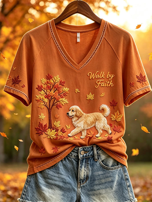 Women's Walk by Faith Fall Walking Golden Retriever Dog Print short-sleeved T-shirt