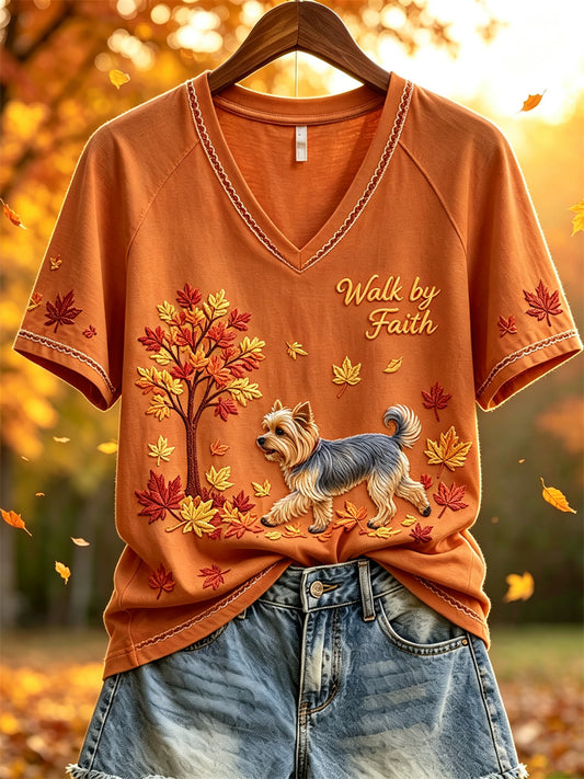 Women's Walk by Faith Fall Walking Yorkshire Dog Print short-sleeved T-shirt