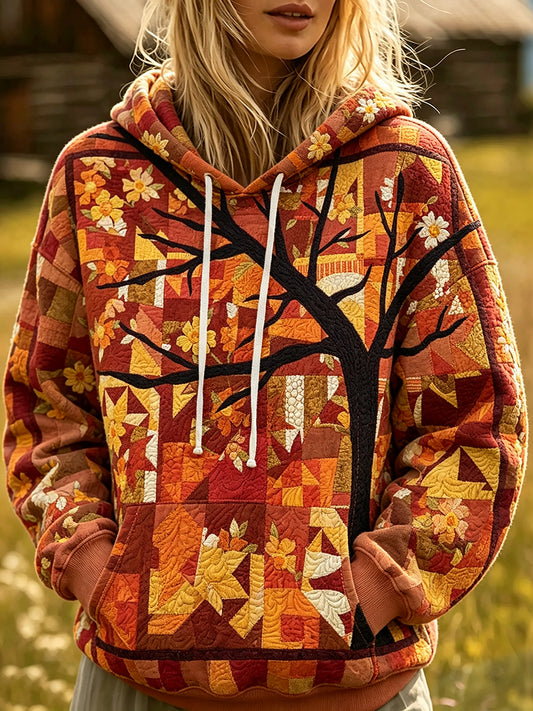 Women's Fall Maple Leaf Patchwork Print Cozy Hoodie