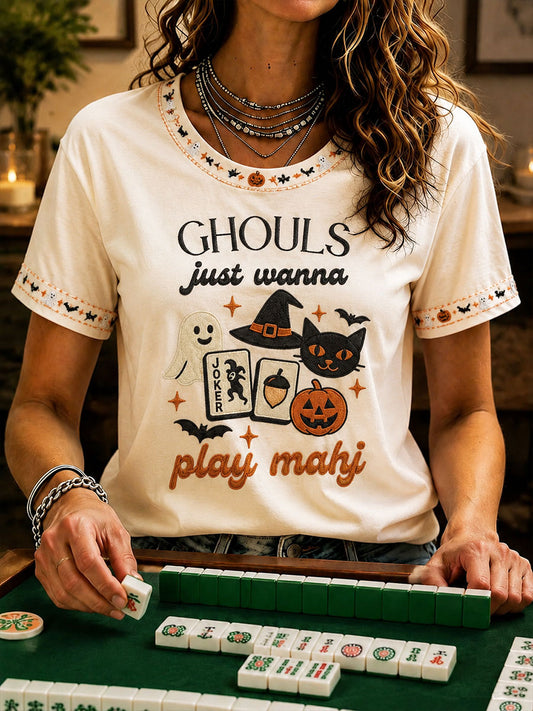 Women's Halloween Mahjong Night Printed Casual T-Shirt