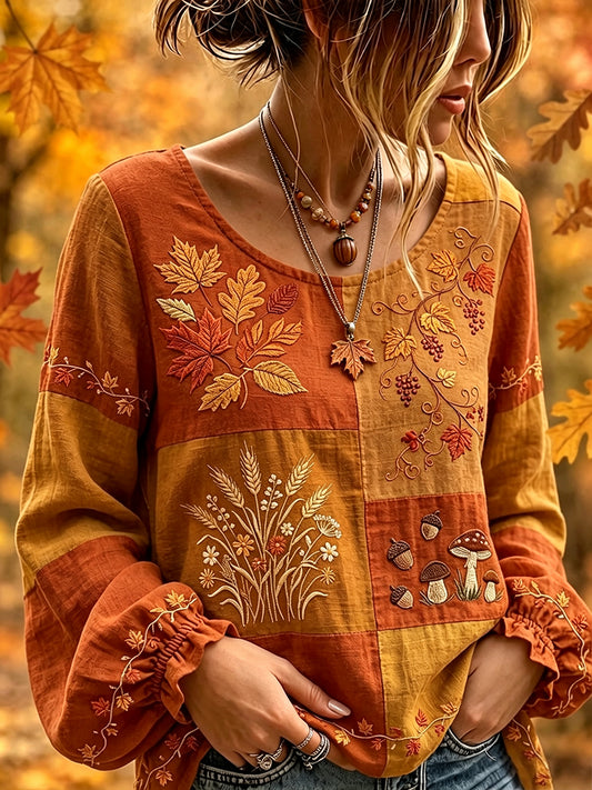 Women's Cottagecore Fall Patchwork Print Cotton-Linen Shirt