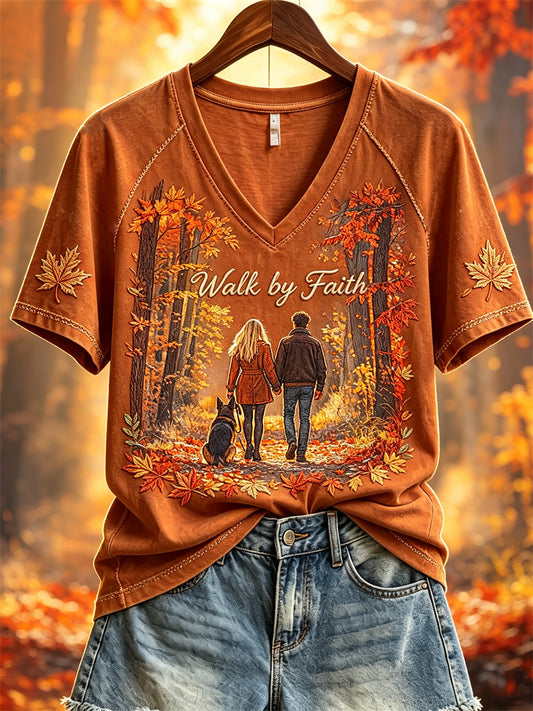 Women's Walk by Faith Fall Walking the Dog Print short-sleeved T-shirt