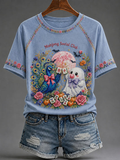 Women's Halloween Mahjong Night Printed Casual T-Shirt