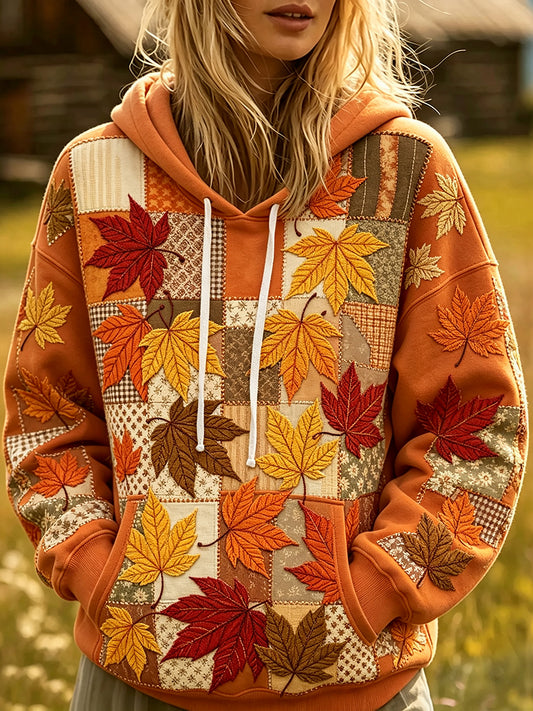 Women's Fall Maple Leaf Patchwork Print Cozy Hoodie
