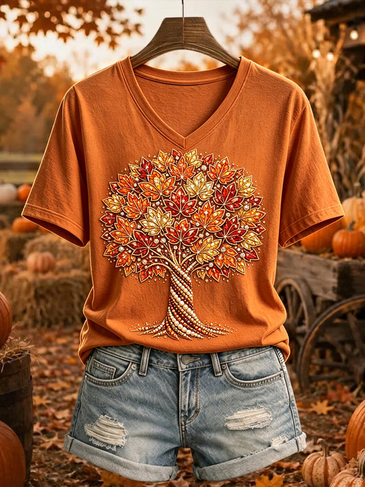 Women's Rhinestone Fall Tree Print Cozy Short-sleeved T-shirt
