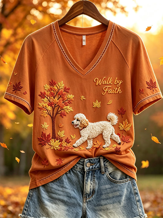 Women's Walk by Faith Fall Walking Poodle Dog Print short-sleeved T-shirt