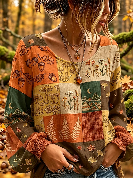 Women's Cottagecore Fall Patchwork Print Cotton-Linen Shirt