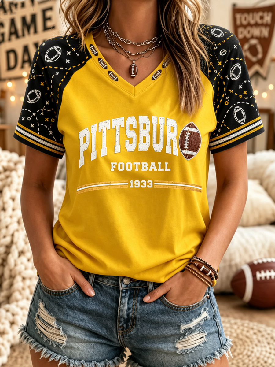 Women's Pittsburgh Football V-neck Off-shoulder Short-sleeved T-shirt