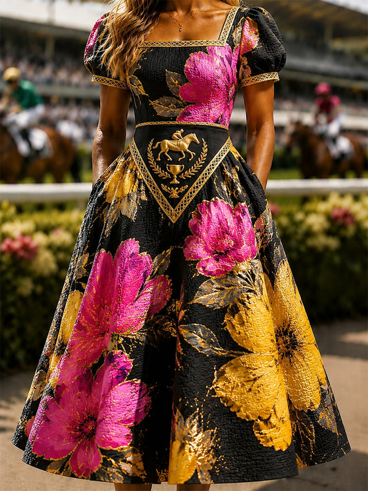 Women's Vintage Melbourne Cup Australian Horse Racing Square-Neck Dress