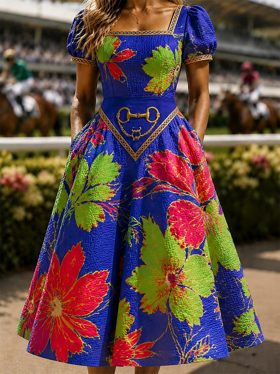 Women's Vintage Melbourne Cup Australian Horse Racing Square-Neck Dress