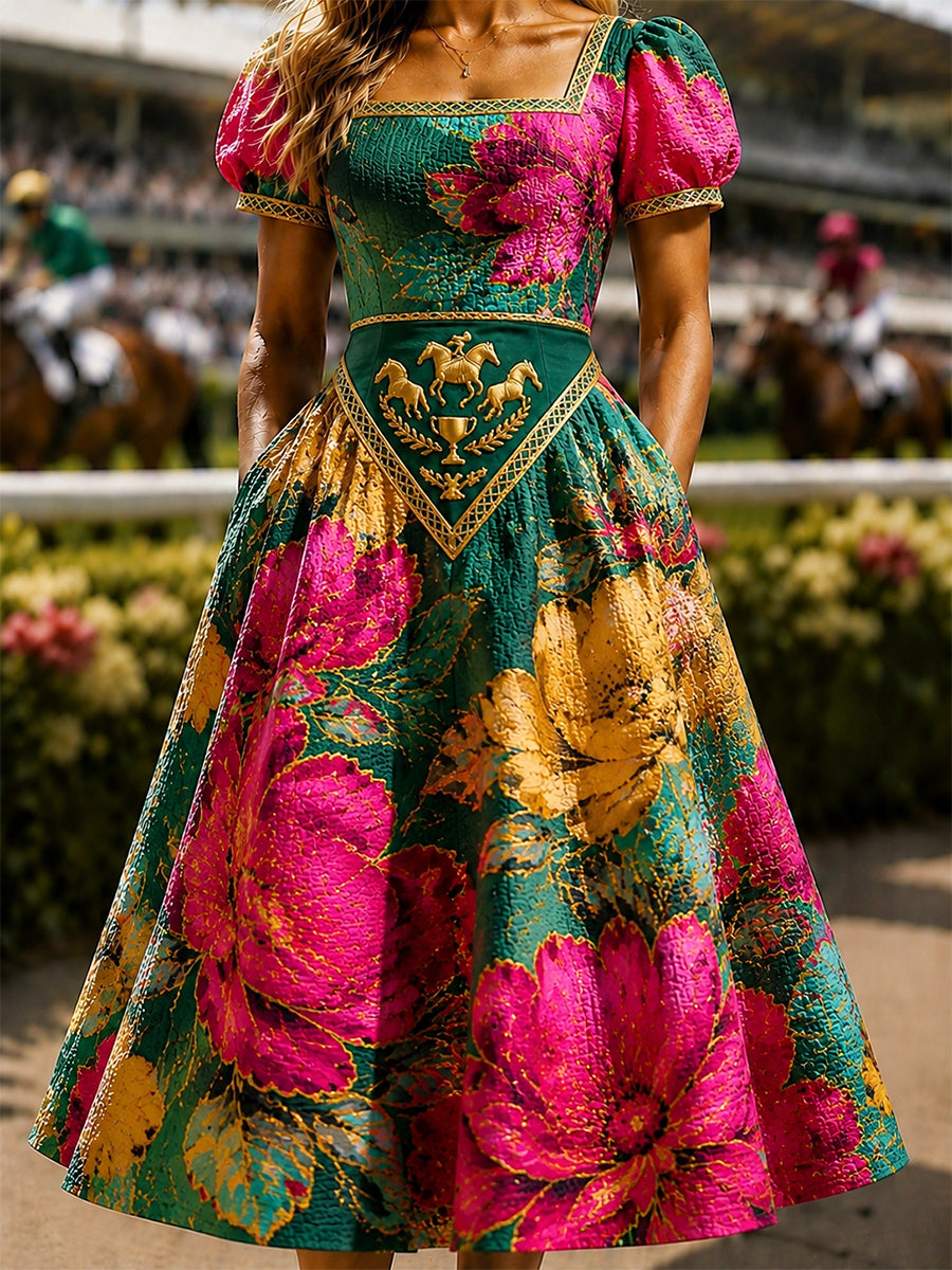 Women's Vintage Melbourne Cup Australian Horse Racing Square-Neck Dress