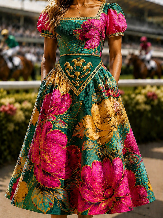 Women's Vintage Melbourne Cup Australian Horse Racing Square-Neck Dress