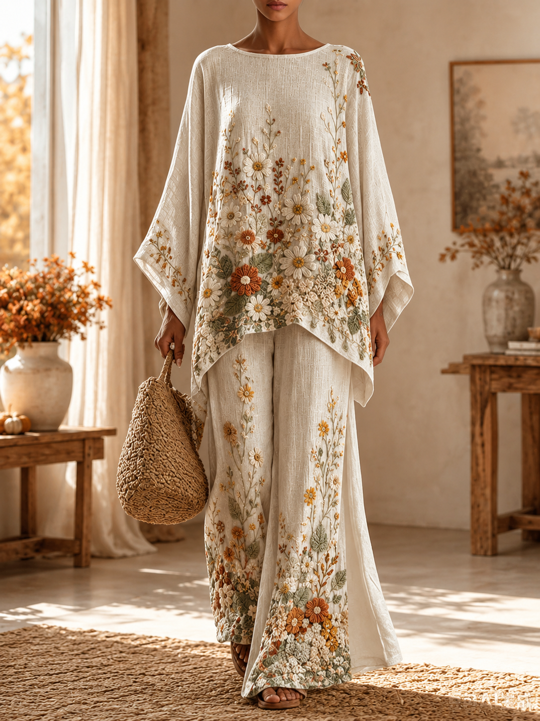 Women's Autumn Classy  Art Print Flowy Linen Set