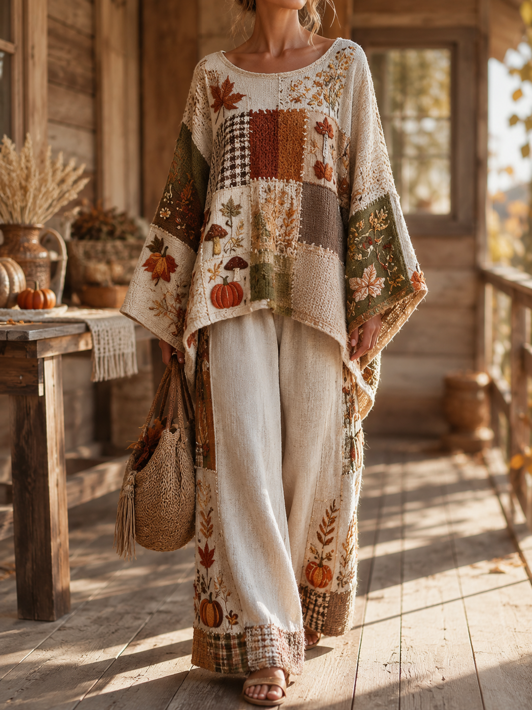 Women's Autumn Classy  Art Print Flowy Linen Set