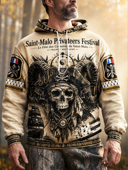 Men’s French Brittany Pirate Gothic Print Casual Hooded Sweatshirt