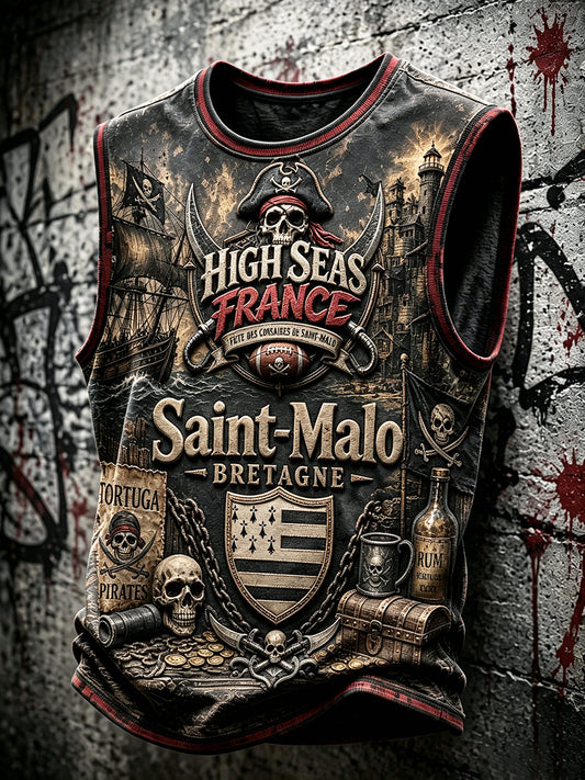 Men’s Vintage French Brittany Saint-Malo Pirate Festival Print Loose-Fit Vest