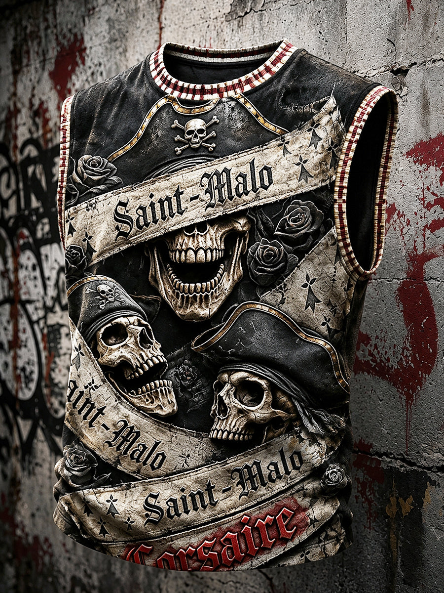 Men’s French Brittany Pirate-style Gothic Print Casual Vest