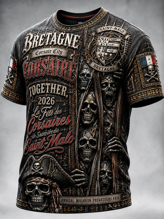 Men’s French Brittany Pirate Gothic-style Printed Casual T-shirt
