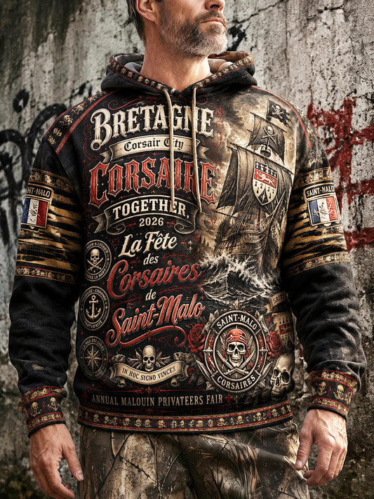 Men’s French Brittany Pirate Retro Print Casual Hooded Sweatshirt