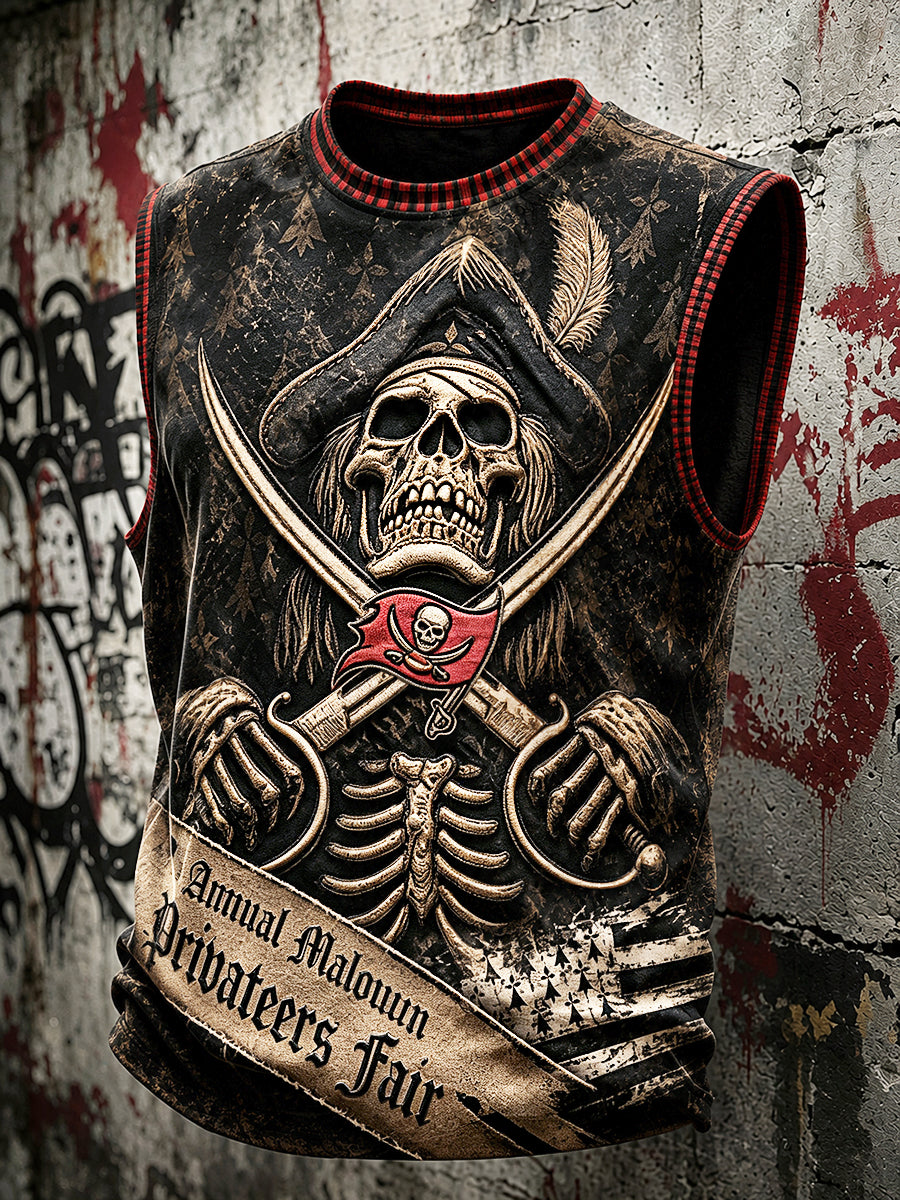 Men’s Vintage-Print Casual Vest in a French Breton Pirate Style