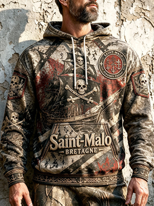 Men’s Saint-Malo Pirate Festival Retro Graffiti Print Hooded Sweatshirt