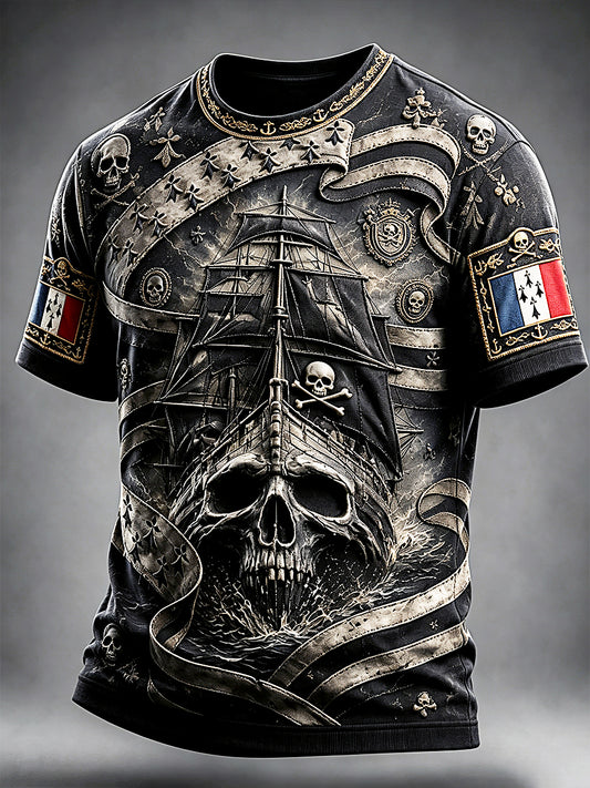 Men’s French Brittany Pirate Retro Print Casual T-shirt