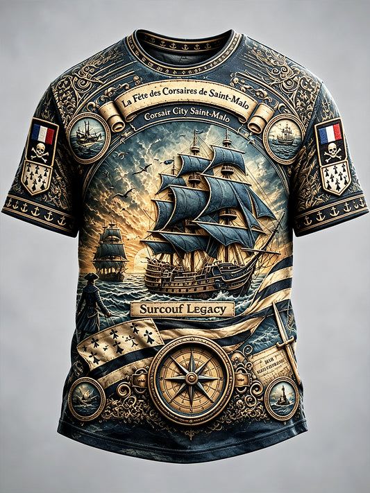 Men’s Retro French Brittany Pirate-Print Green Casual Polo Shirt