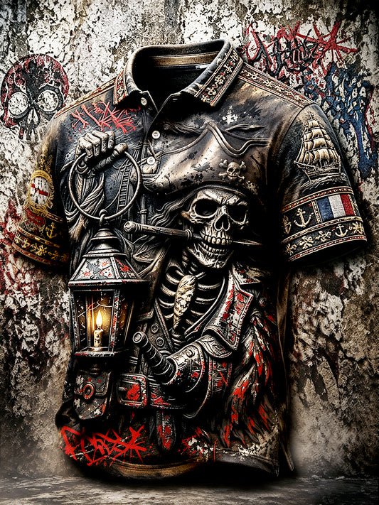Men’s French Brittany Pirate-style Gothic Print Casual Polo Shirt