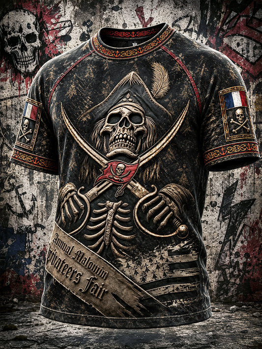 Men’s Black French Breton Pirate Gothic-Style Printed Casual T-shirt