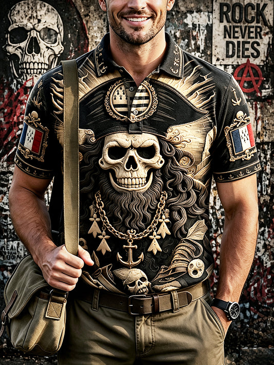 Men’s Vintage Black Breton Pirate Graffiti Print Casual Polo Shirt