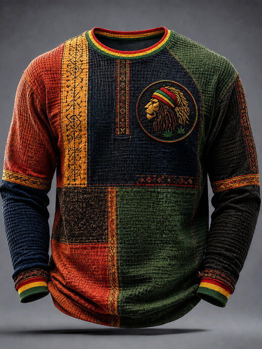 Retro Reggae Music Lion Waffle-Weave Ethnic-Style T-Shirt