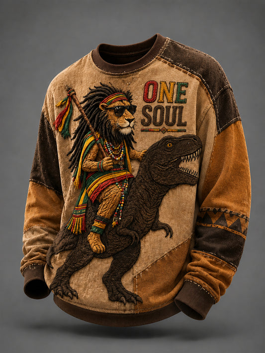 Retro Reggae Lion Dinosaur Patchwork Casual Sweatshirt