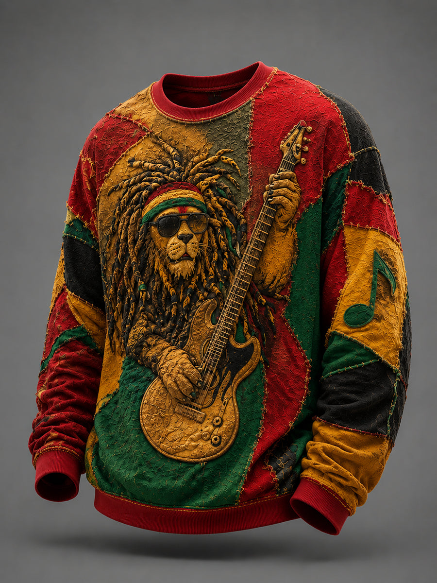Retro Reggae Lion Guitar Patchwork Casual Sweatshirt