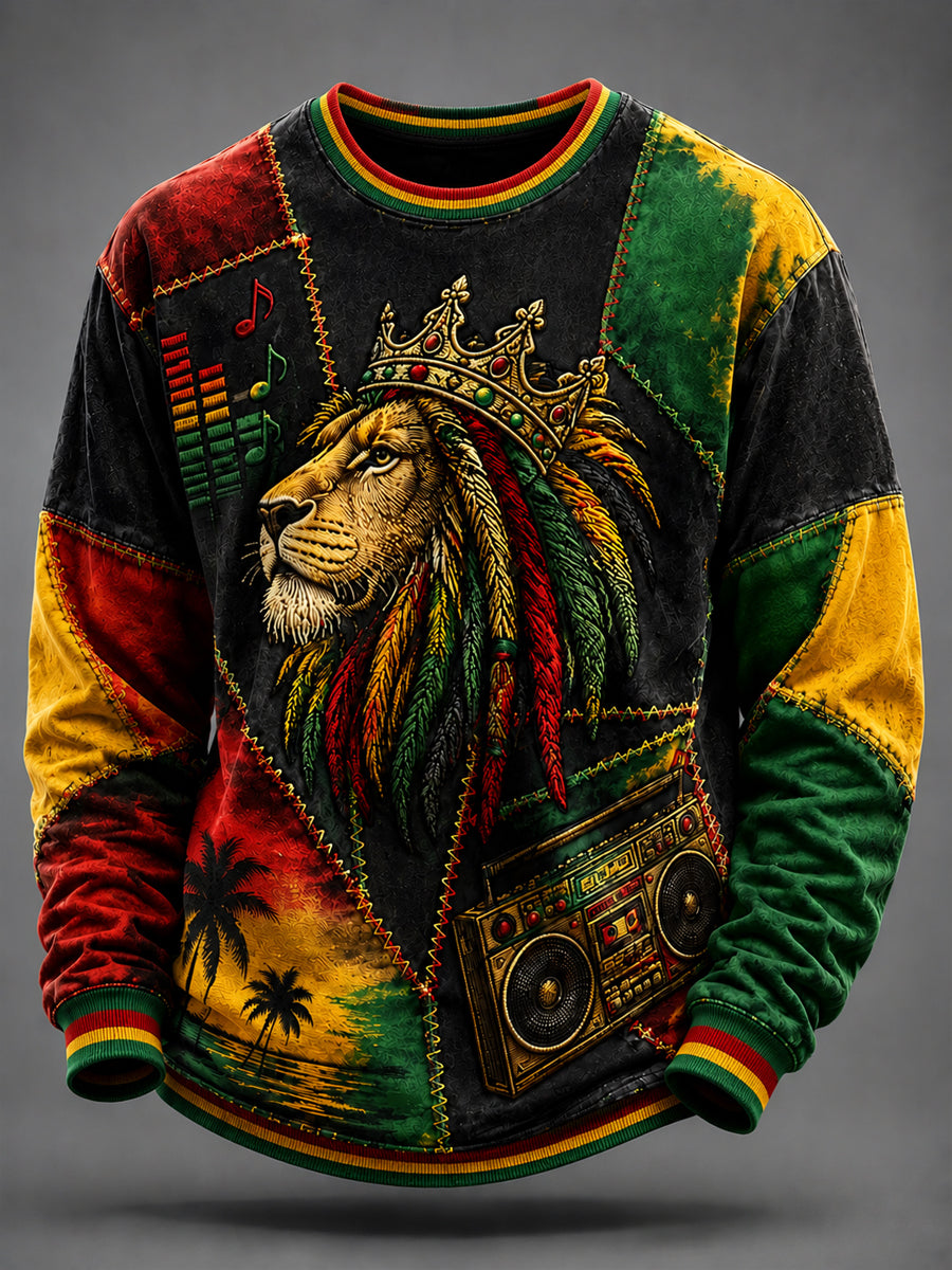 Retro Reggae Lion Patchwork Casual Sweatshirt