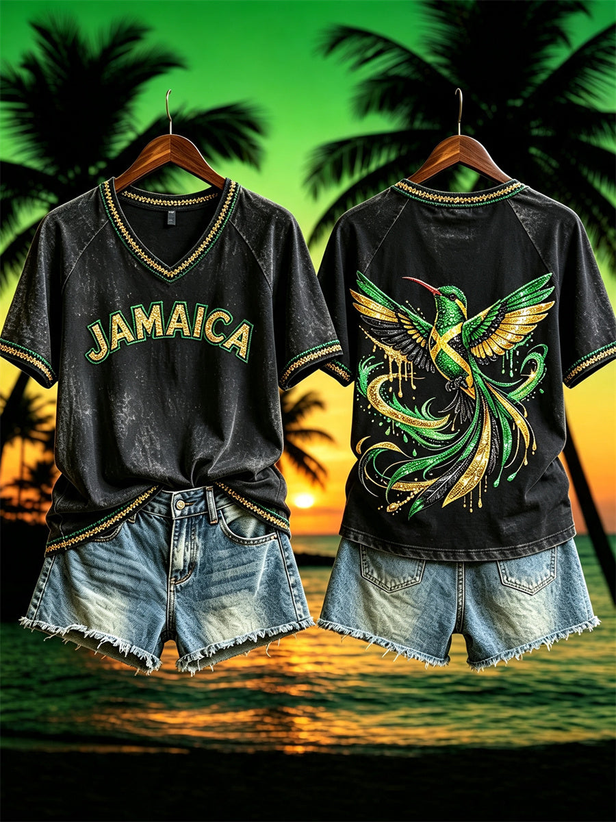 Women's Jamaica Glitter Humming Bird Print Jamaica Vacation short-sleeved T-shirt