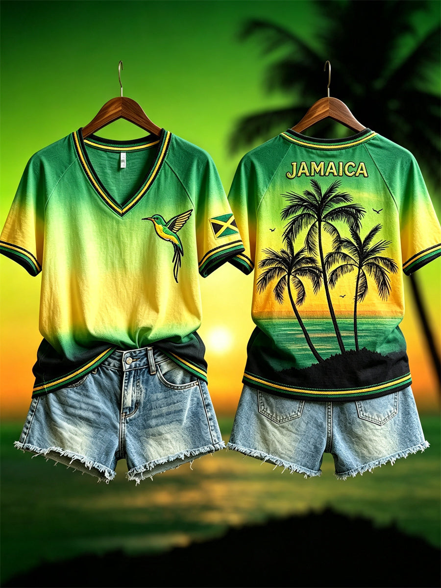 Women's Jamaica Humming Bird & Beach Gradient Jamaica Vacation short-sleeved T-shirt