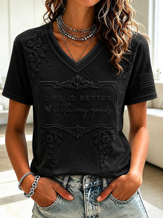 Women's Life Is Better With My Grands Printed V-neck T-shirt