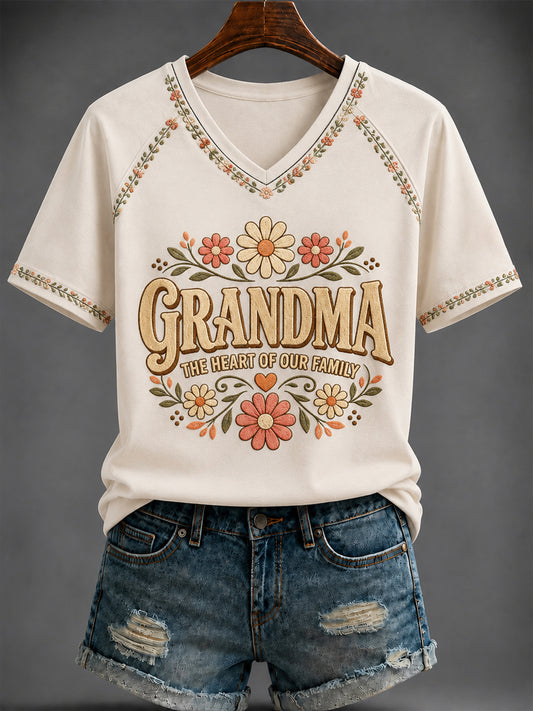 Women's Grandparents' Day Printed V-neck T-shirt