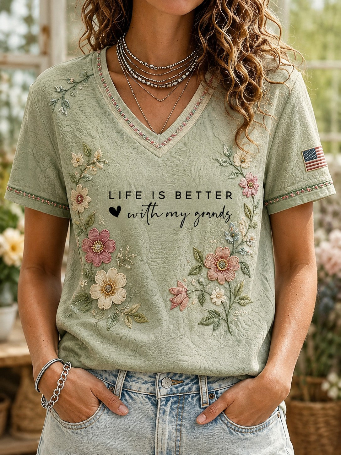 Women's Life Is Better With My Grands Printed V-neck T-shirt